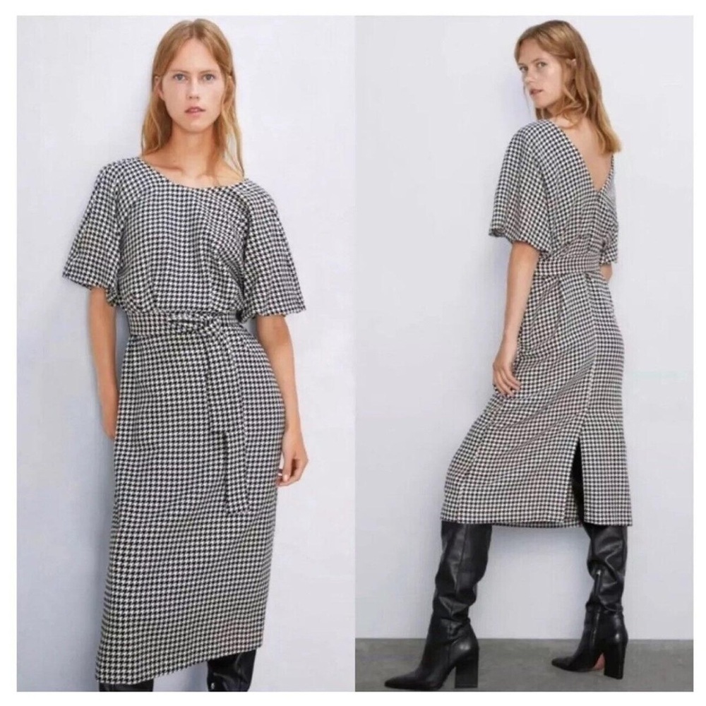 ZARA Houndstooth Black White Sheath Dress Dolman Sleeves Scoop Neck Size XS Midi